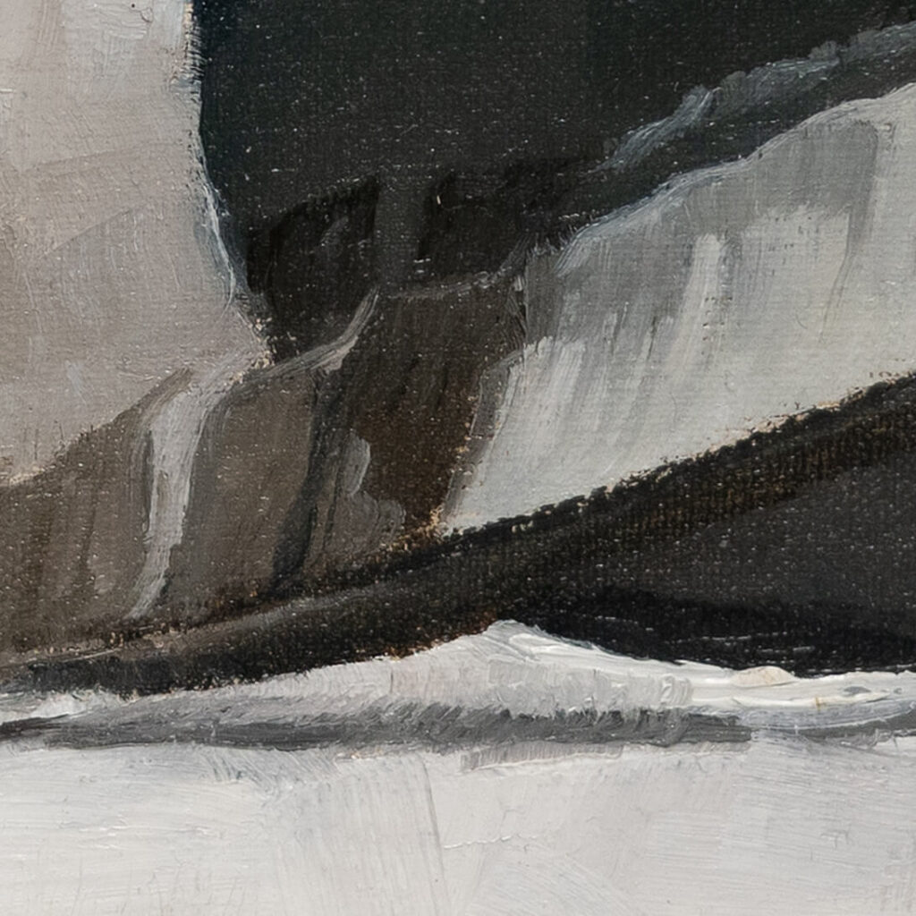 Fine art oil painting of an iridescent magpie feather resting on a polished black mirror surface.