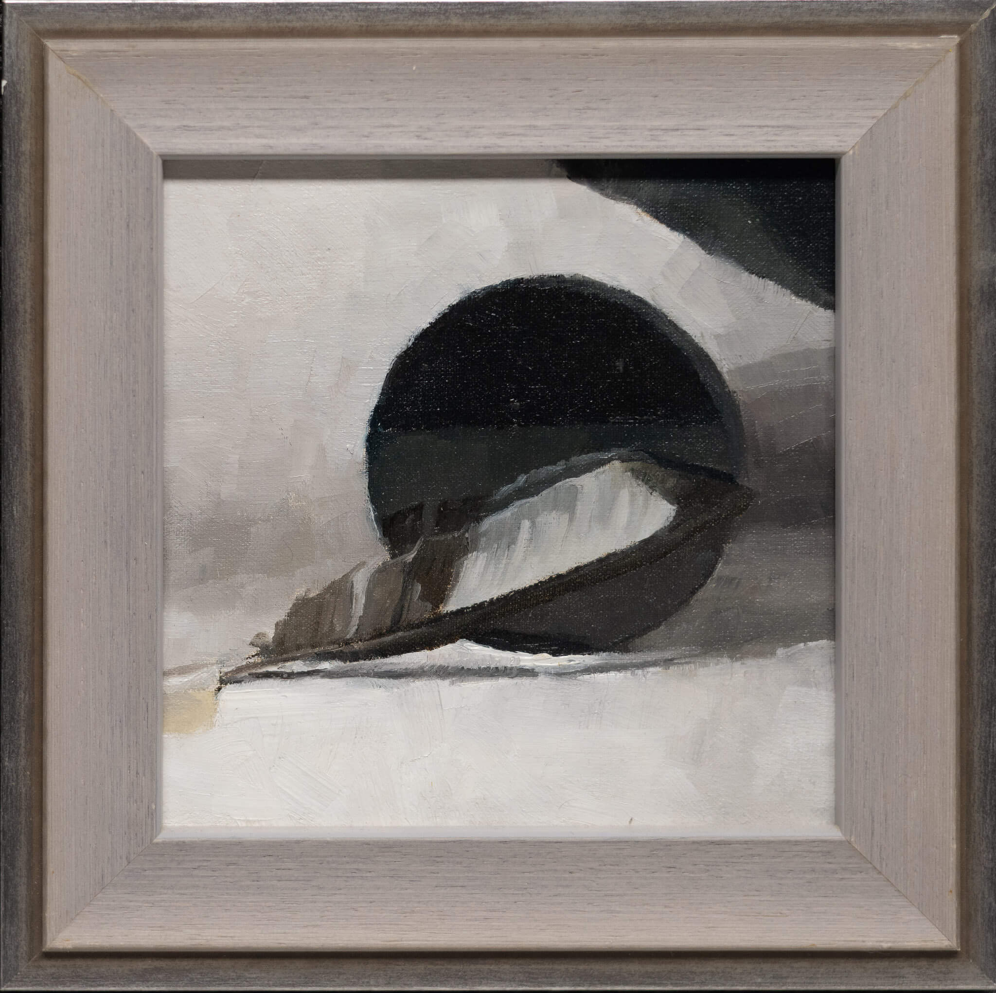 Fine art oil painting of an iridescent magpie feather resting on a polished black mirror surface.