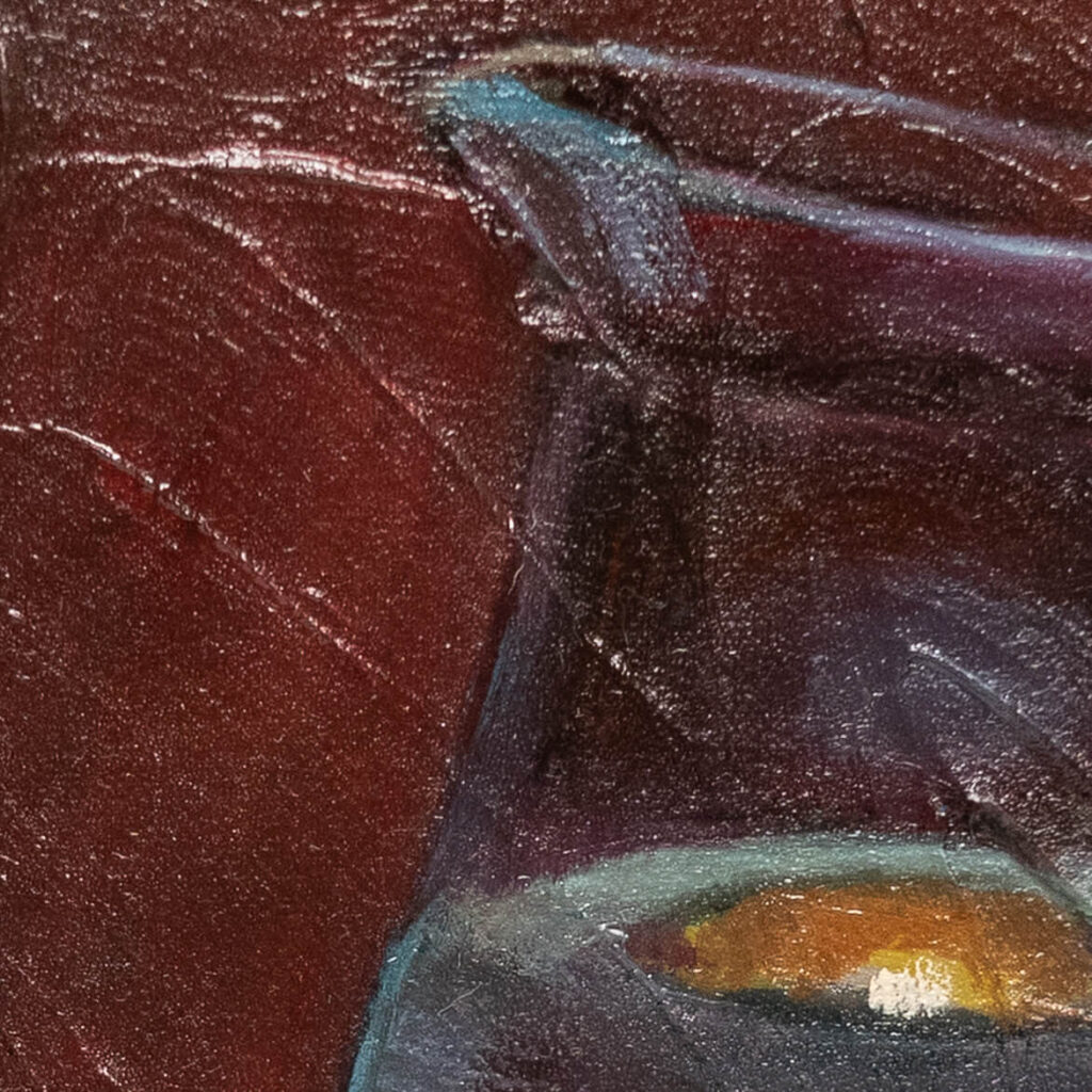 Still life oil painting of a clear glass jug filled with water, reflecting warm fiery orange tones against cool blue hues.