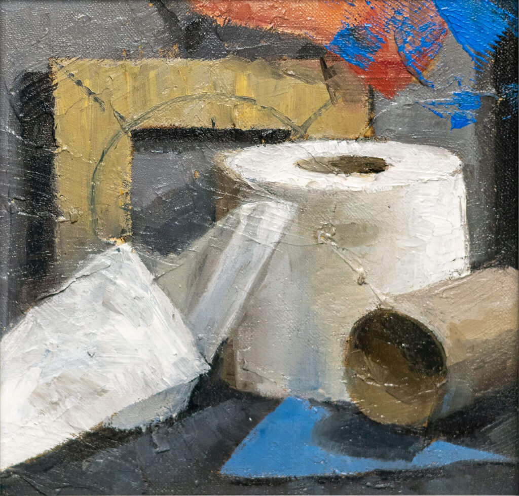 Realistic oil painting of a single white toilet paper roll illuminated by dramatic chiaroscuro lighting against a black background.