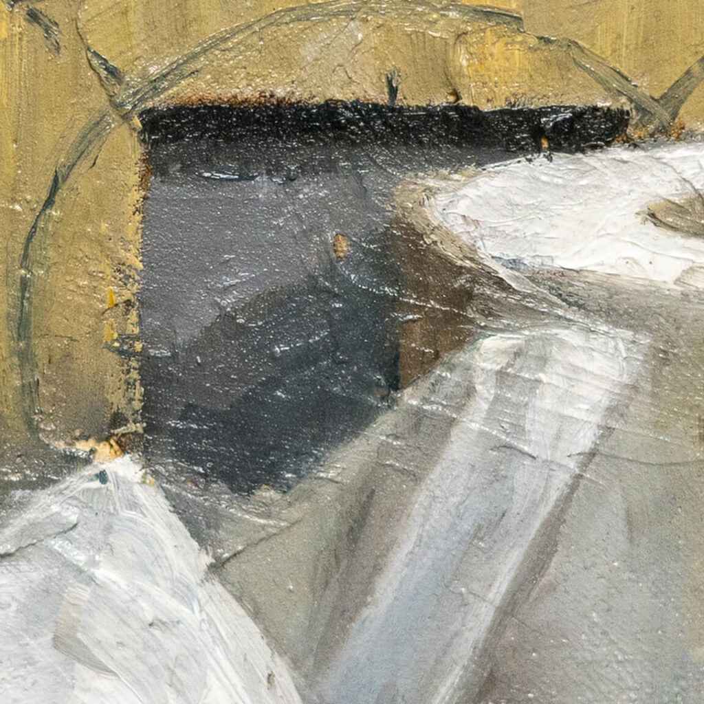 Realistic oil painting of a single white toilet paper roll illuminated by dramatic chiaroscuro lighting against a black background.