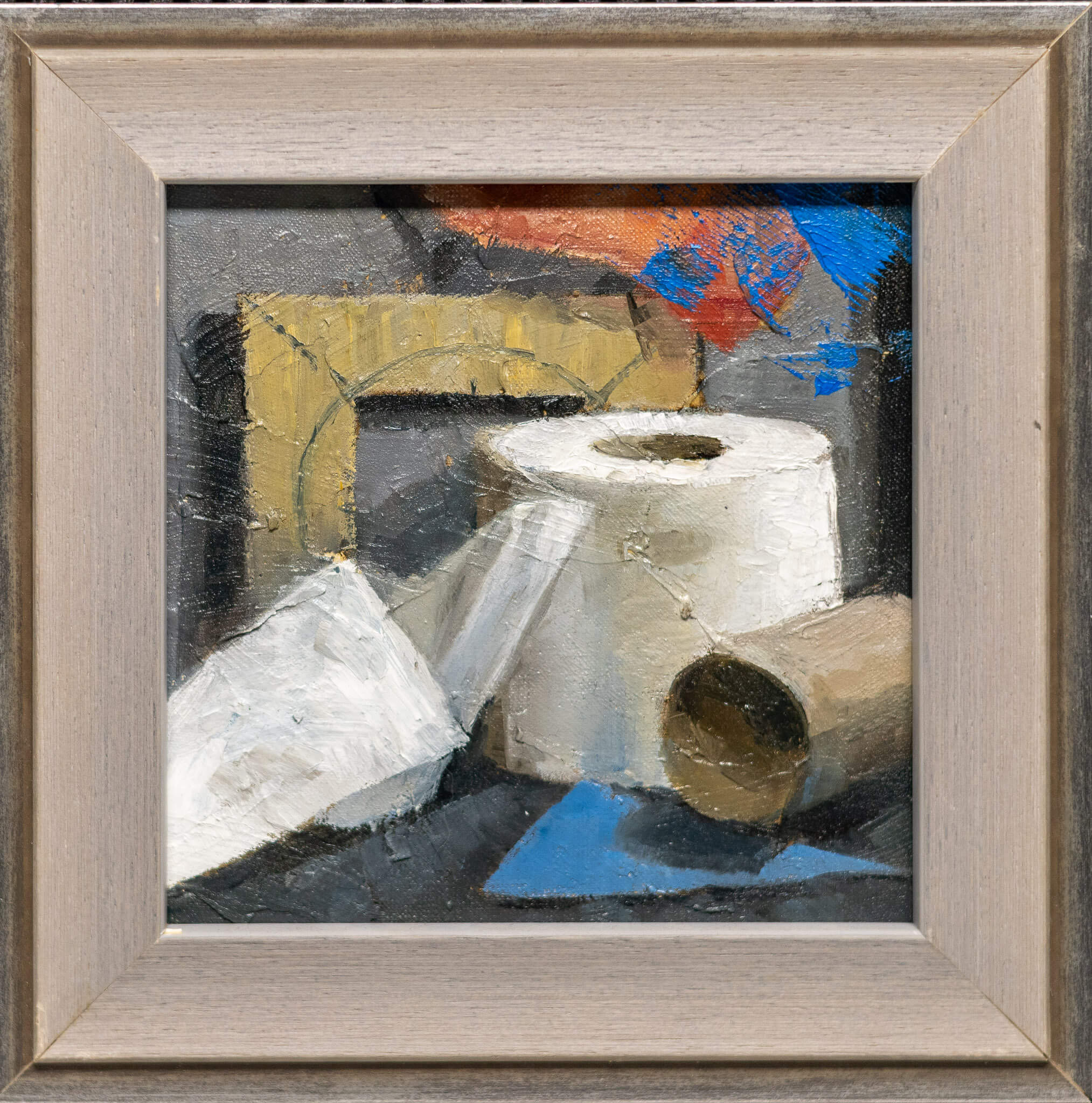 Realistic oil painting of a single white toilet paper roll illuminated by dramatic chiaroscuro lighting against a black background.