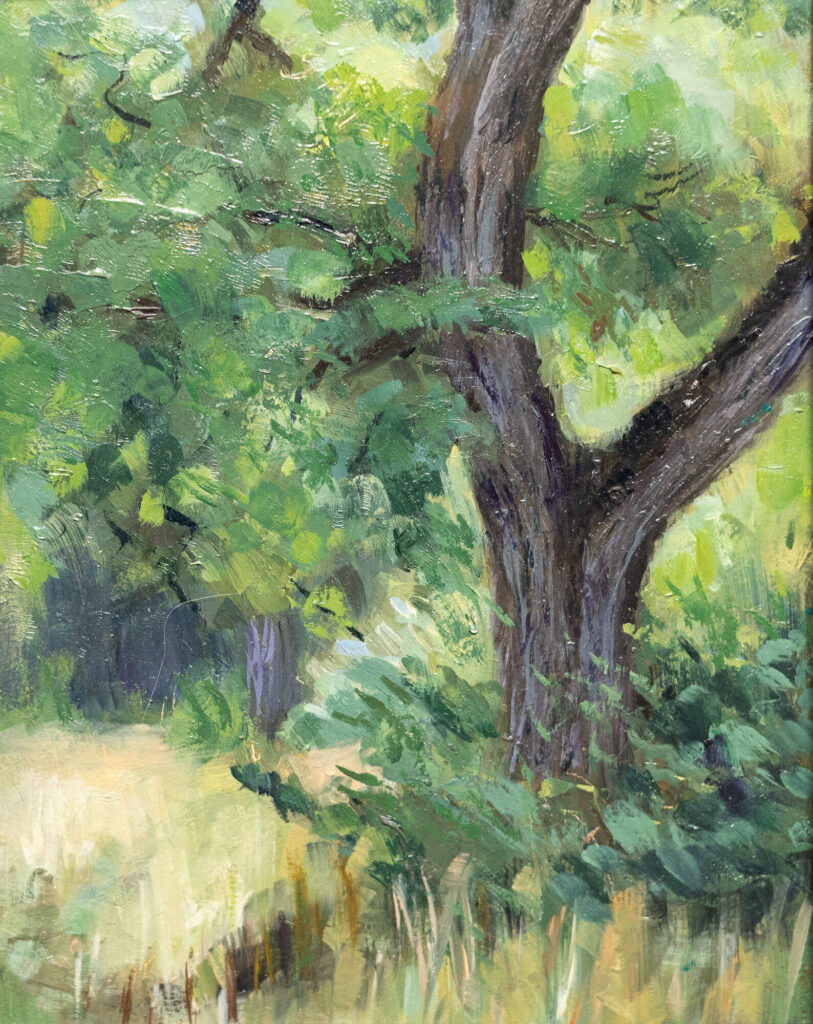 Impressionist plein air oil painting capturing the green filtered light and dense foliage of a woodland atmosphere.