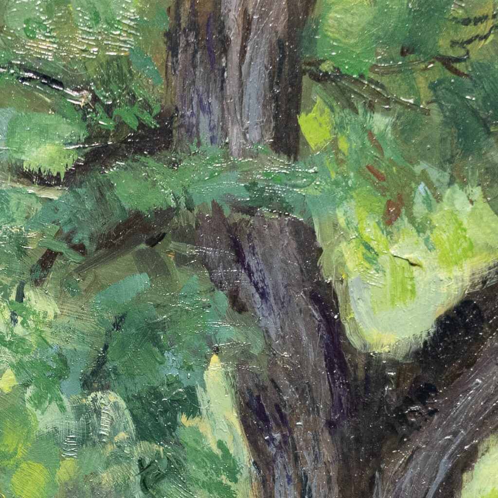 Impressionist plein air oil painting capturing the green filtered light and dense foliage of a woodland atmosphere.