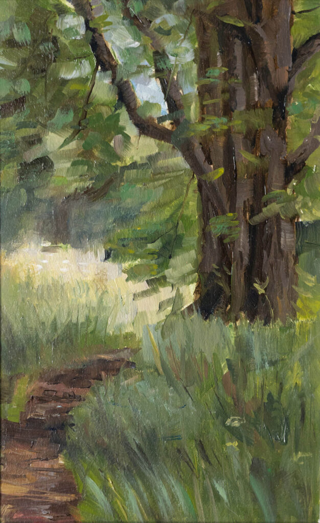 Original oil painting of an ancient gnarled tree trunk in Linford Wood, Milton Keynes, painted from life with textured brushstrokes.