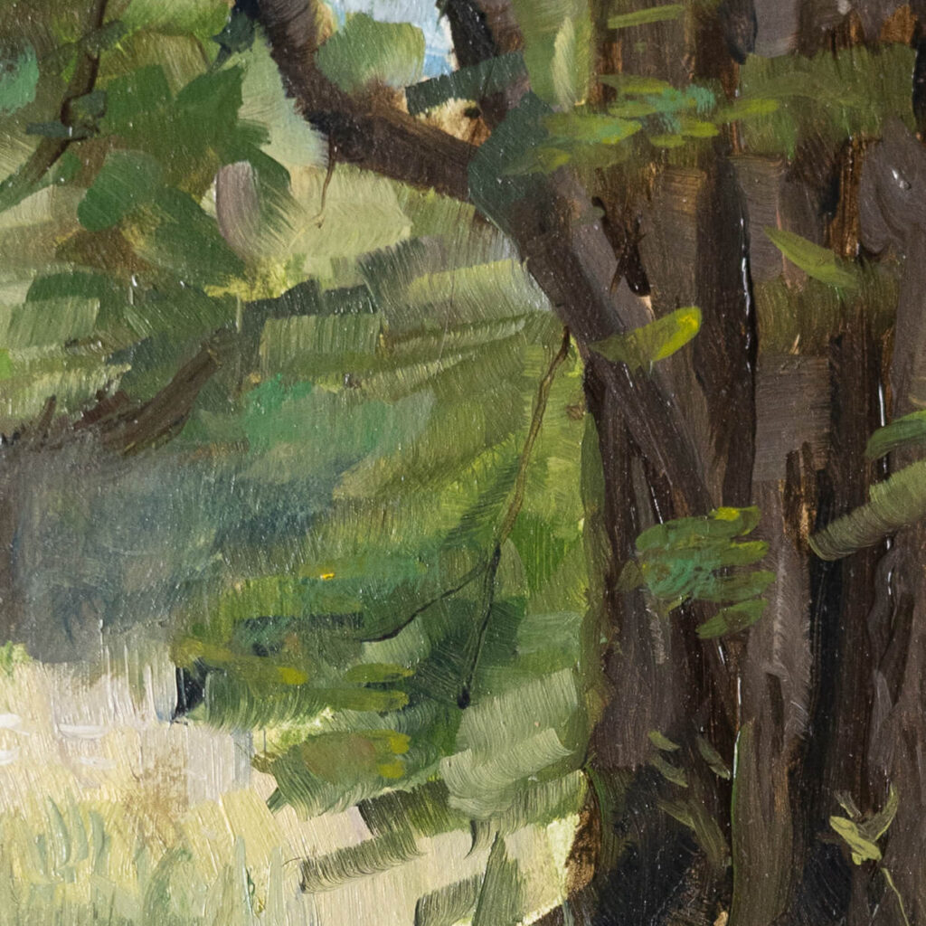 Original oil painting of an ancient gnarled tree trunk in Linford Wood, Milton Keynes, painted from life with textured brushstrokes.