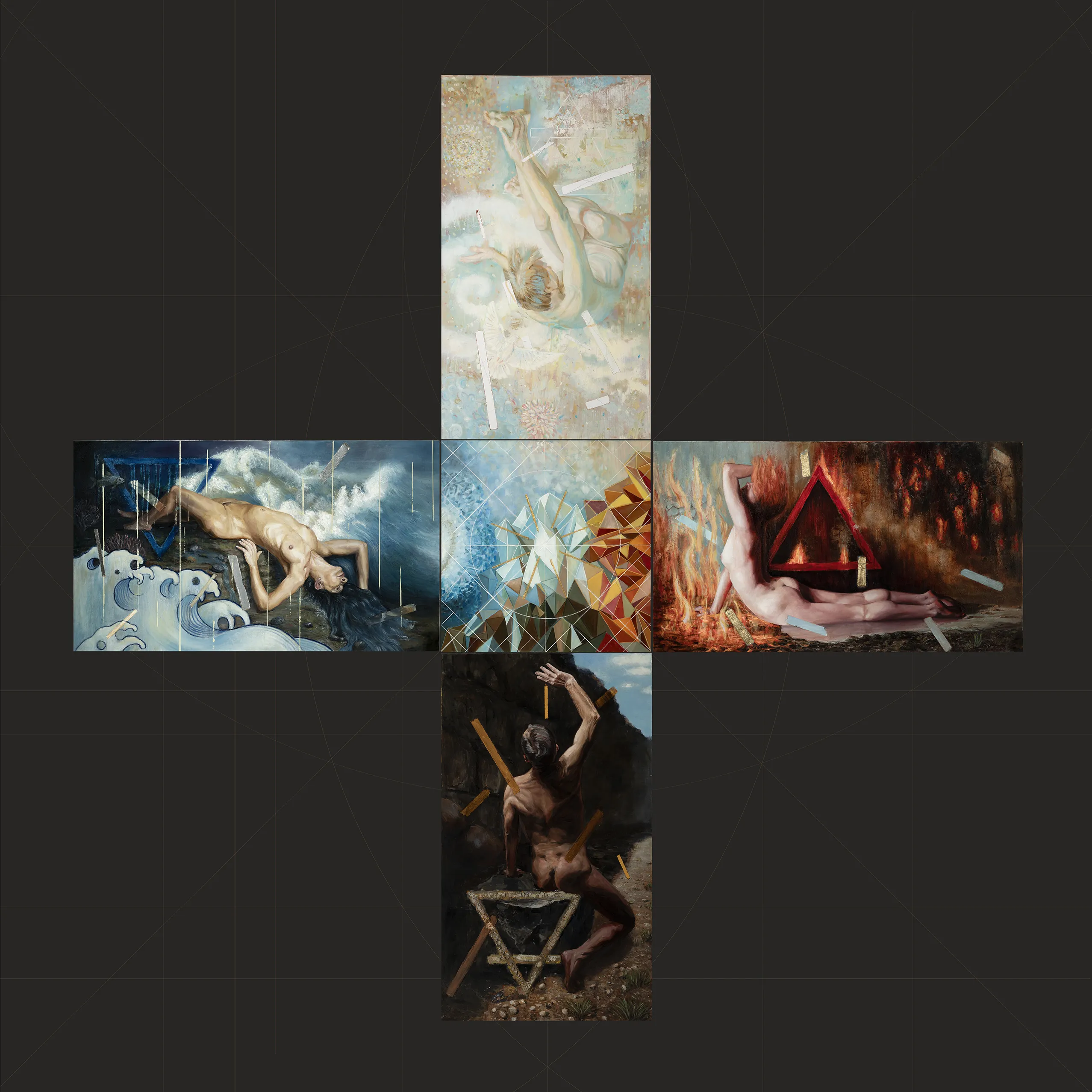 A five-panel cross oil painting depicting the elements of earth, water, fire, and air around a central crystal, titled The Alchemy of Being by Csaba Tibor Palotas.