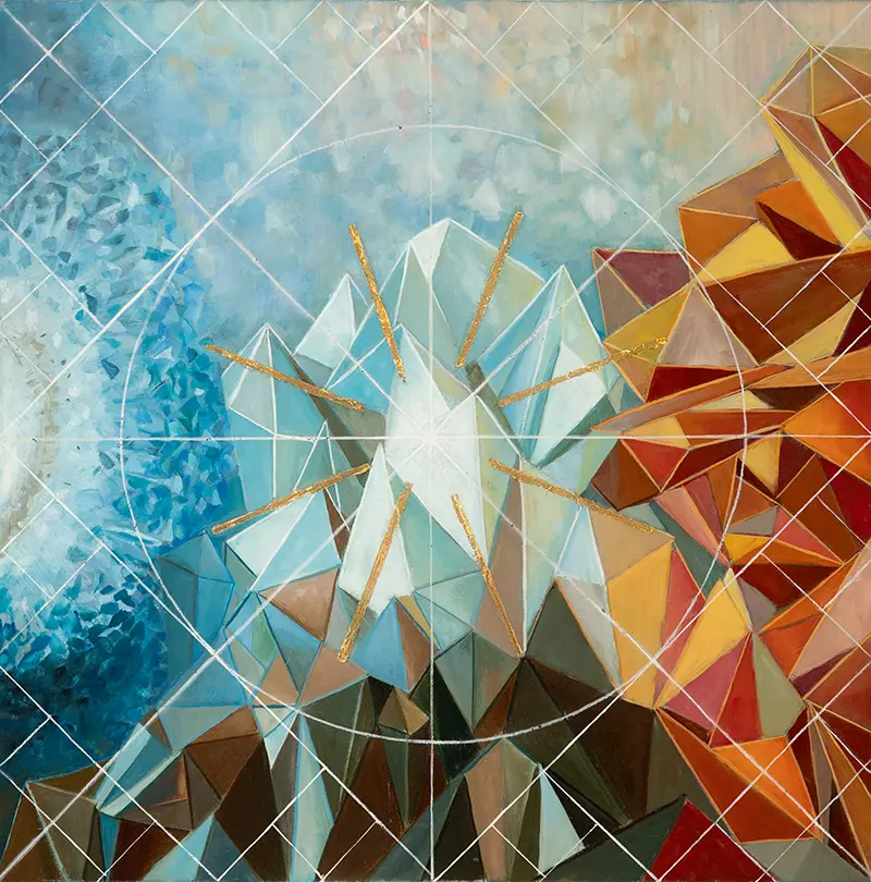 The central crystal in an oil painting, showcasing intersecting geometric linesby Csaba Tibor Palotas.