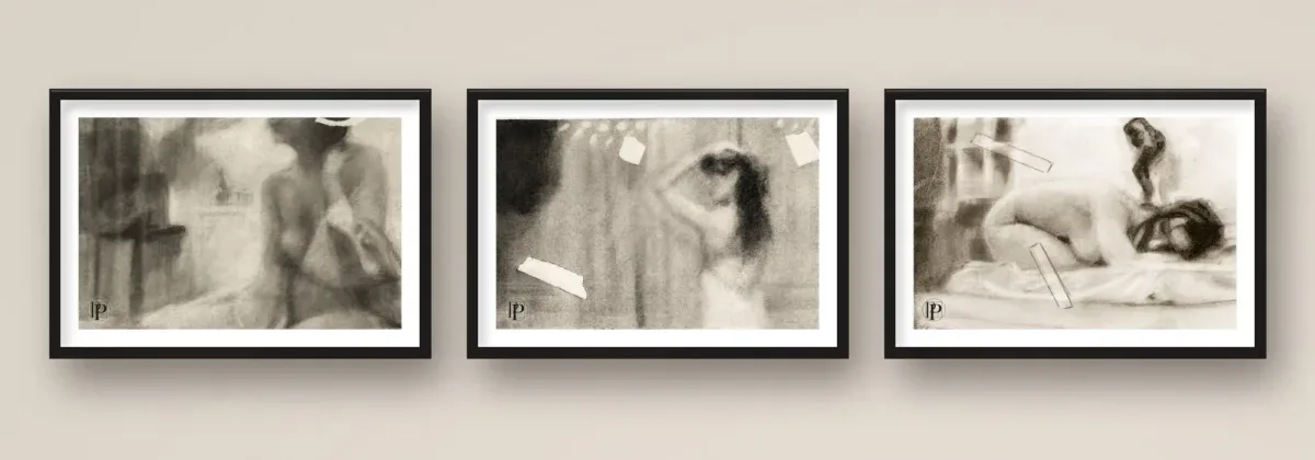 Presence: set of three framed charcoal figure prints on a meditation room wall, Paradox of the Edge by Csaba Tibor Palotás