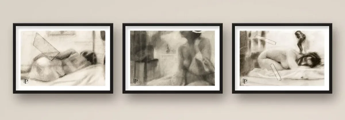 Rest: set of three framed charcoal figure prints above a bed, Paradox of the Edge by Csaba Tibor Palotás