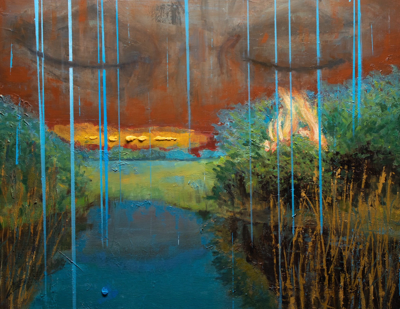 Awakening (I Am That I Am) Awakening (I Am That I Am), oil painting by Csaba Tibor Palotás: closed eyes above a river landscape with a burning bush