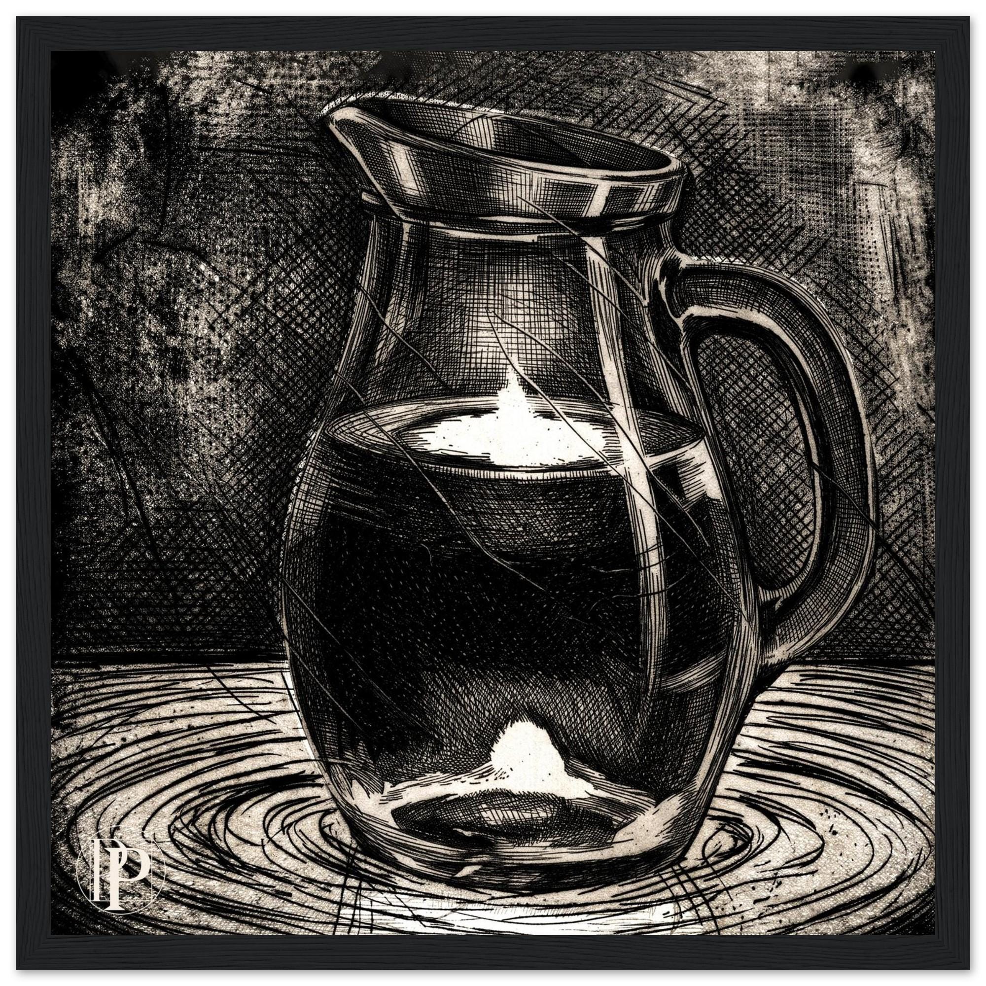 Fire Inside Water, square black and white ink print by Csaba Tibor Palotás of a glass jug of dark water glowing from within