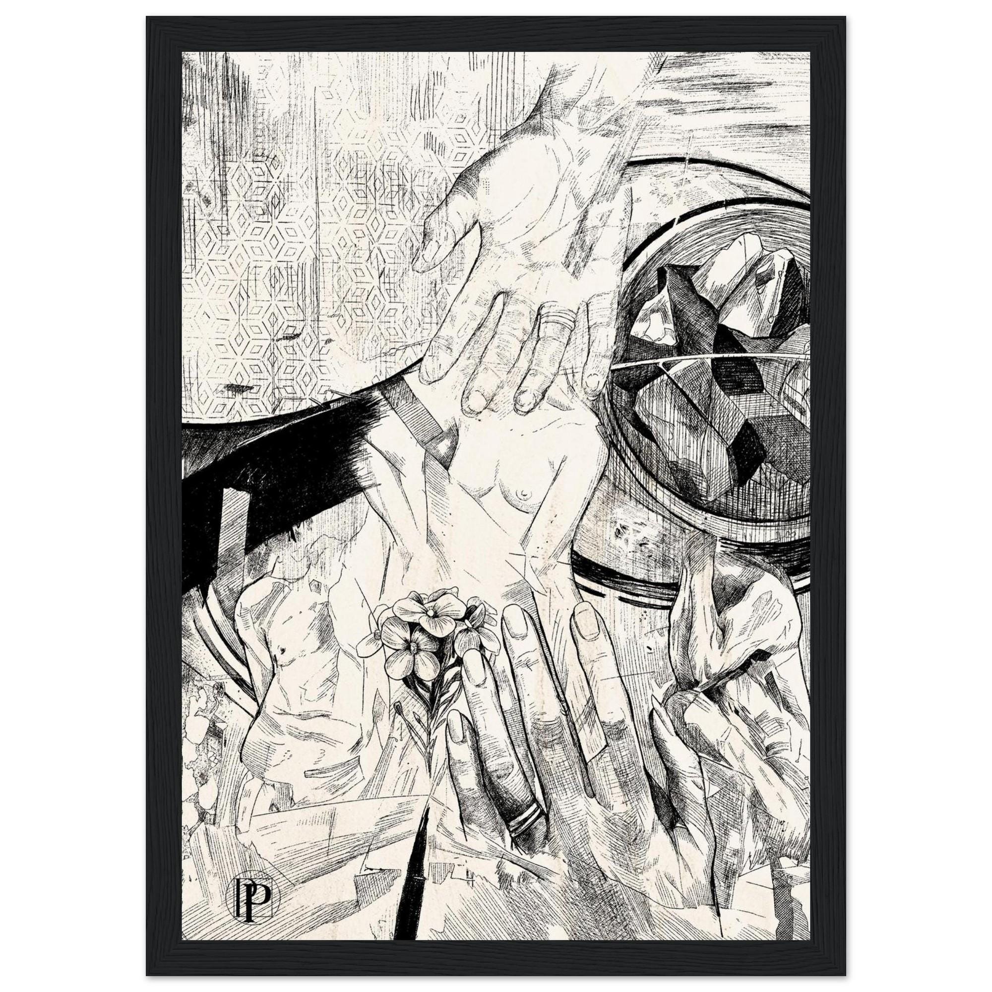 Hands Holding the Void, A4 black and white etching print by Csaba Tibor Palotás of two hands reaching into empty space
