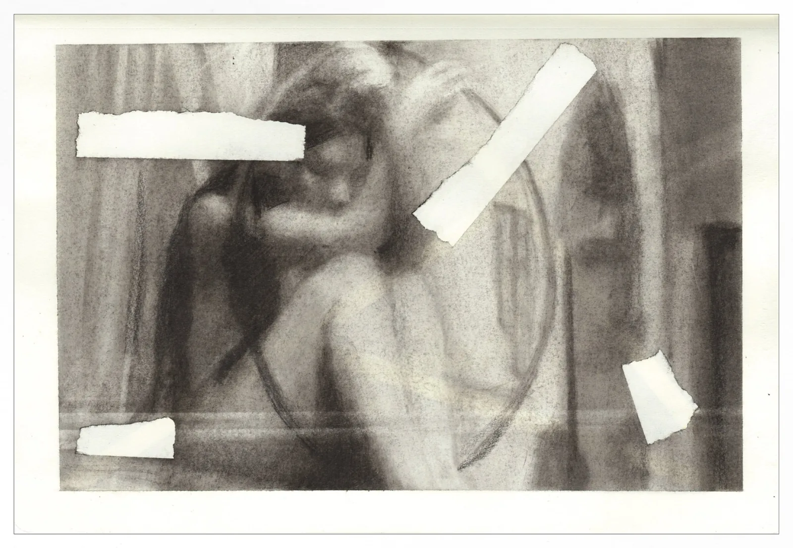 Inner Body – Crouched Figure with Masking Tape Charcoal drawing of a crouched figure with torn masking tape, from the somatic sketchbook Inner Body by Csaba Tibor Palotas