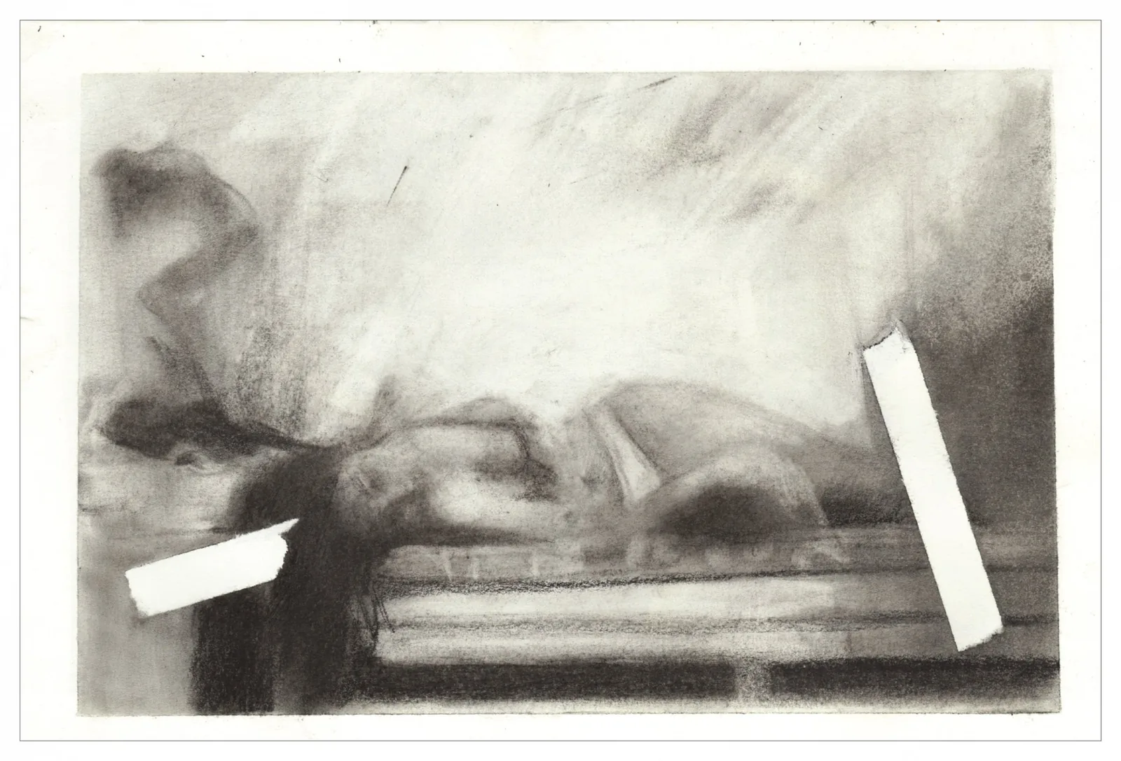 Inner Body – Reclining Figure Soft charcoal drawing of a reclining figure with masking tape strips, from Inner Body by Csaba Tibor Palotas