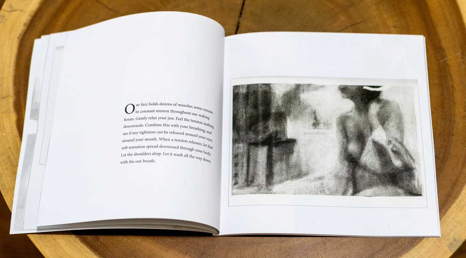 Inner Body – Softening the Face Prompt Open spread of Inner Body showing the Softening the Face somatic prompt beside a charcoal drawing of a seated figure