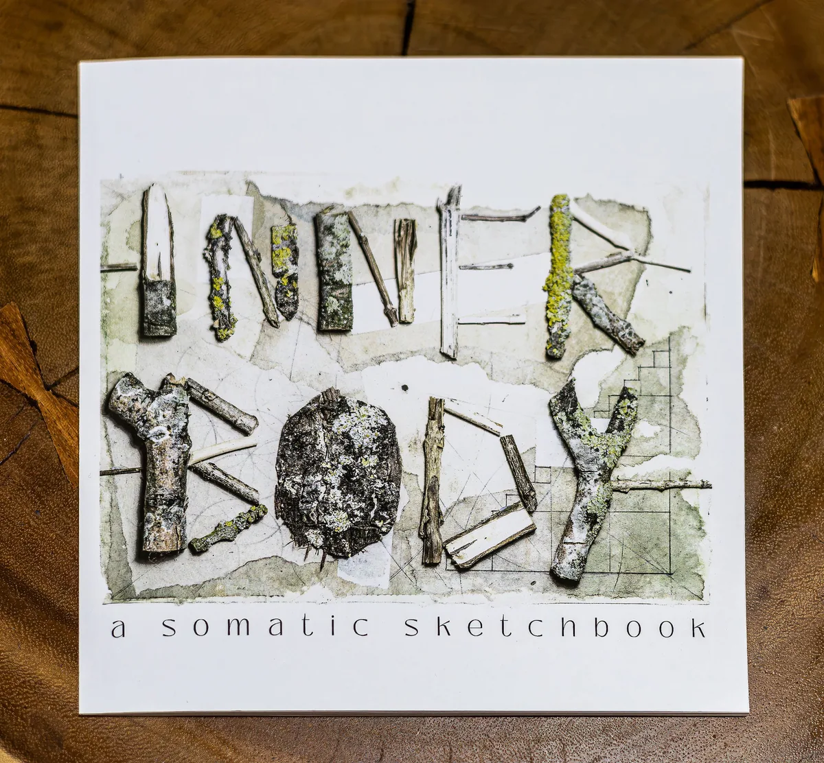 Inner Body: A Somatic Sketchbook – Cover Inner Body: A Somatic Sketchbook by Csaba Tibor Palotas – book cover with the title spelled in twigs and lichen
