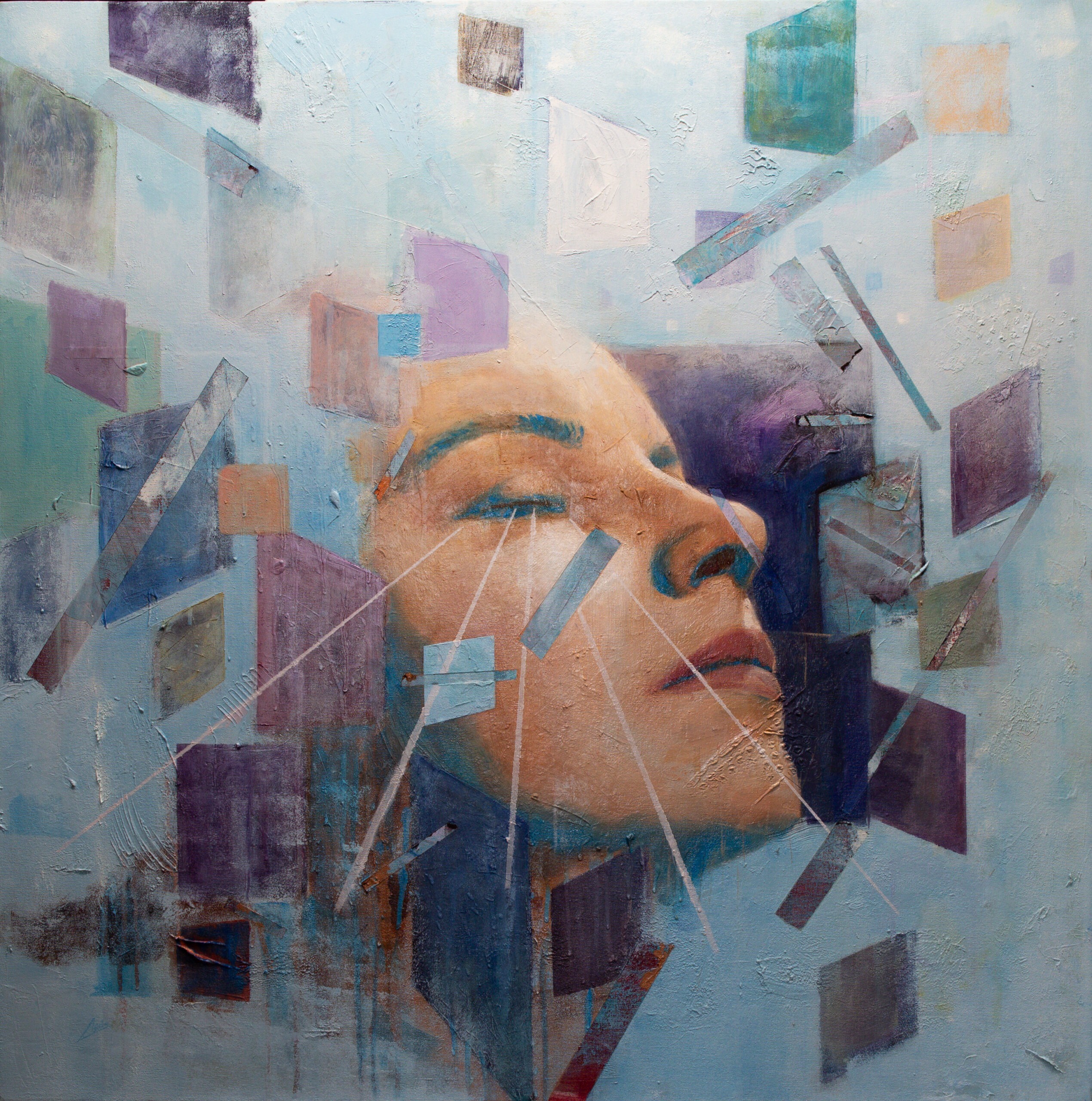 Integrity of Now Integrity of Now, oil painting by Csaba Tibor Palotás of an upturned face among floating fragments of colour