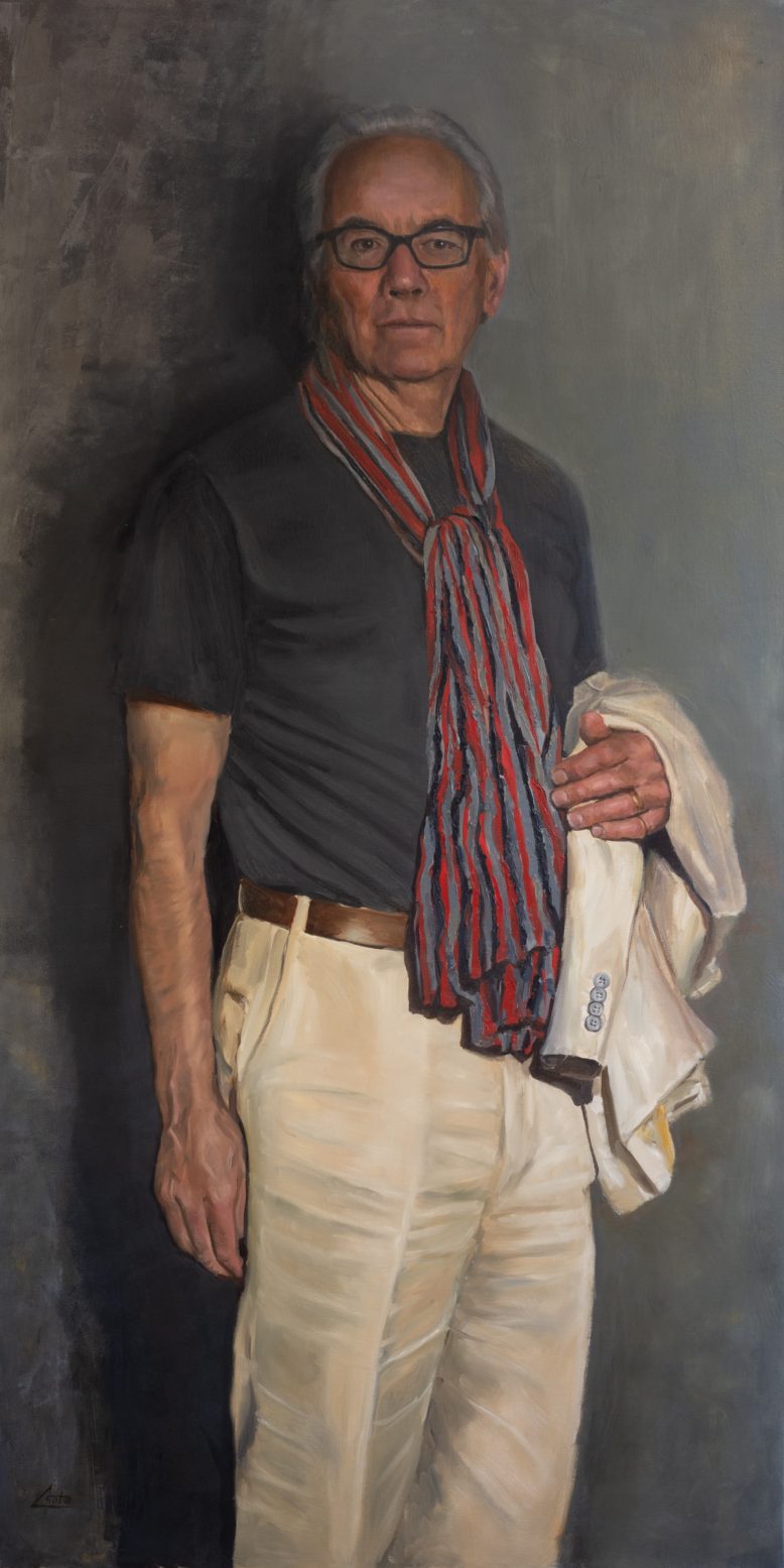 John (full length) Full-length portrait painting of John in a red striped scarf by Csaba Tibor Palotás