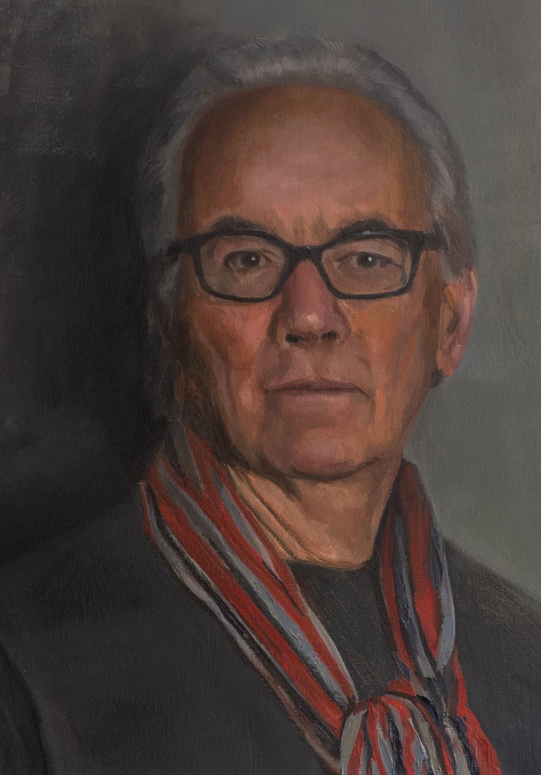 John (detail) Portrait painting of John in a red striped scarf, detail, by Csaba Tibor Palotás