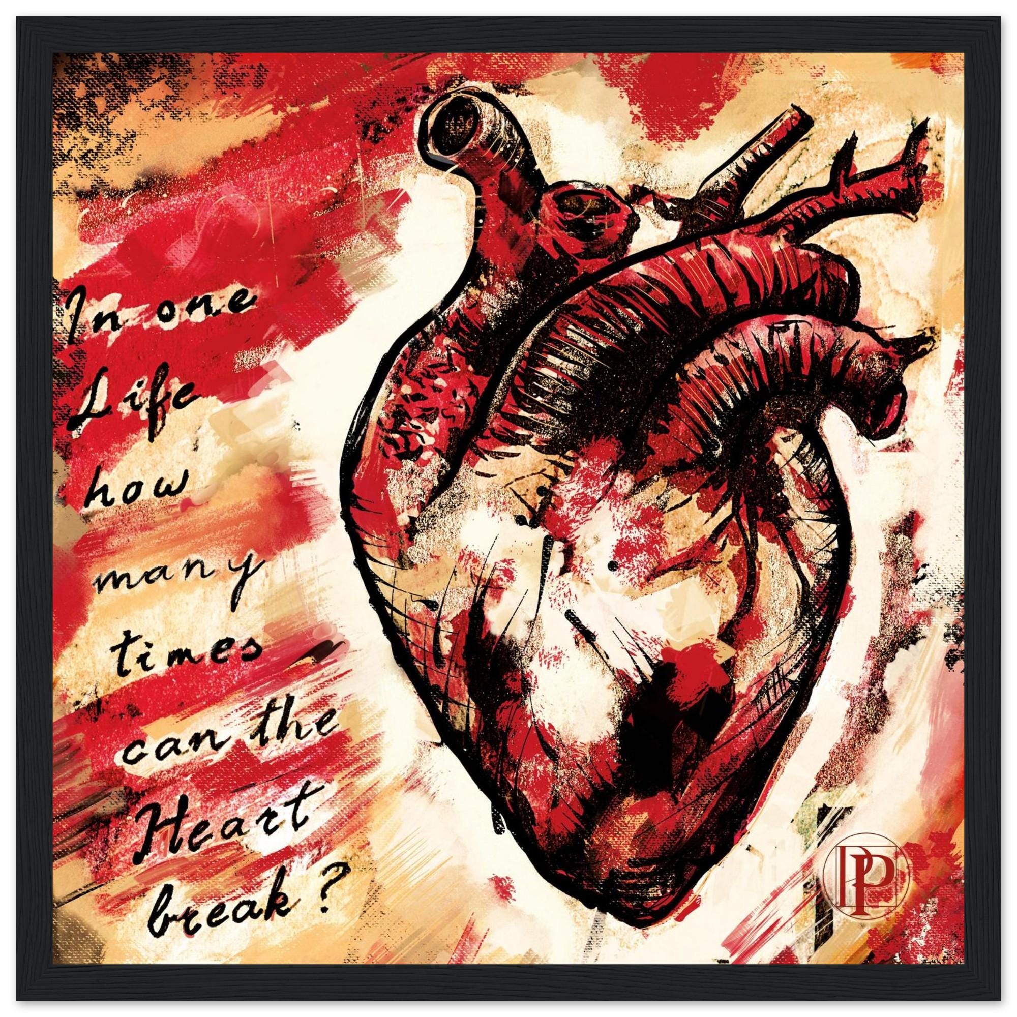 Love and Let Go, square mixed-media print by Csaba Tibor Palotás of an anatomical heart in crimson, brown and gold