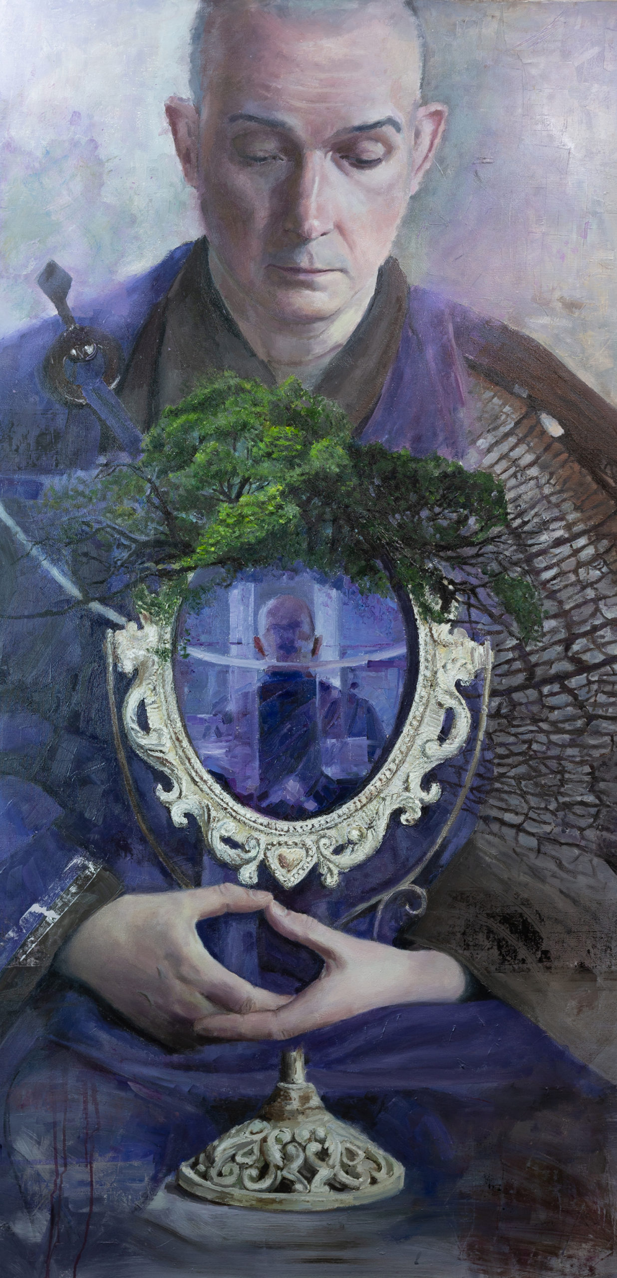 Monk, Mirror and Tree Monk, Mirror and Tree (Portrait of Reverend Willard), oil painting by Csaba Tibor Palotás
