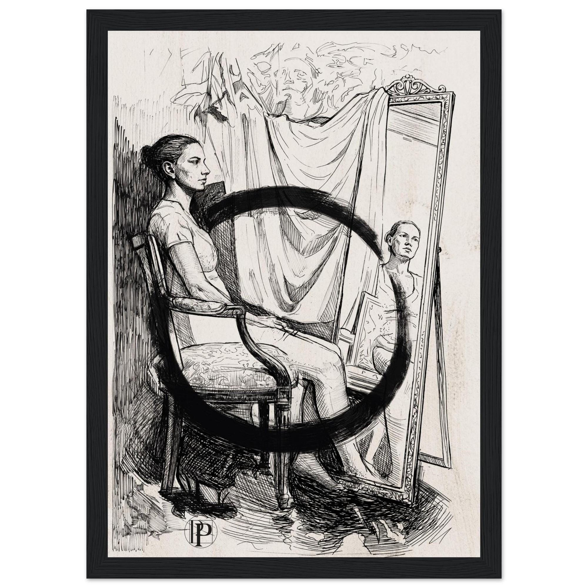 Nonduality, A4 black and white ink print by Csaba Tibor Palotás: a woman seated before a tall mirror, an Enso circle drawn through her and her reflection
