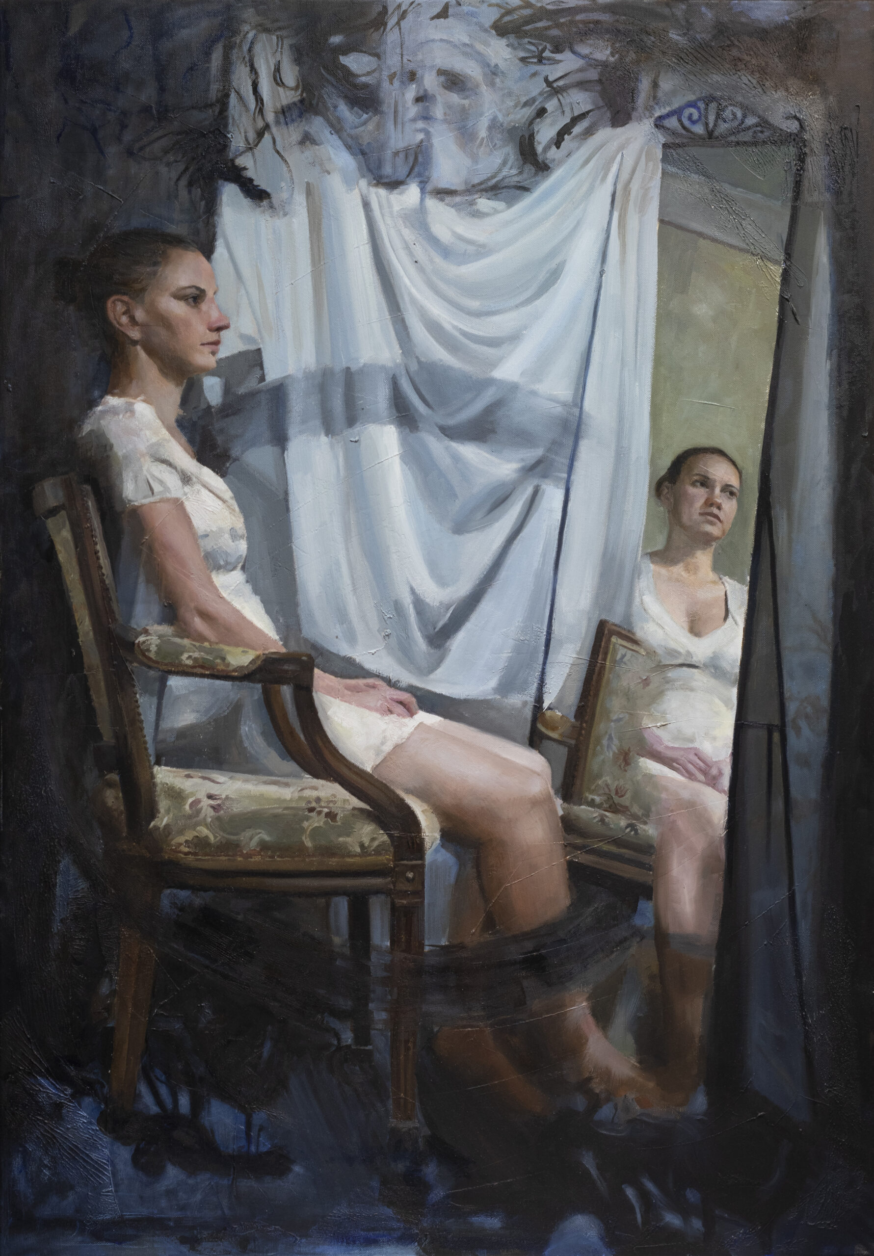 Nonduality Nonduality, oil painting by Csaba Tibor Palotás of a woman seated before a mirror