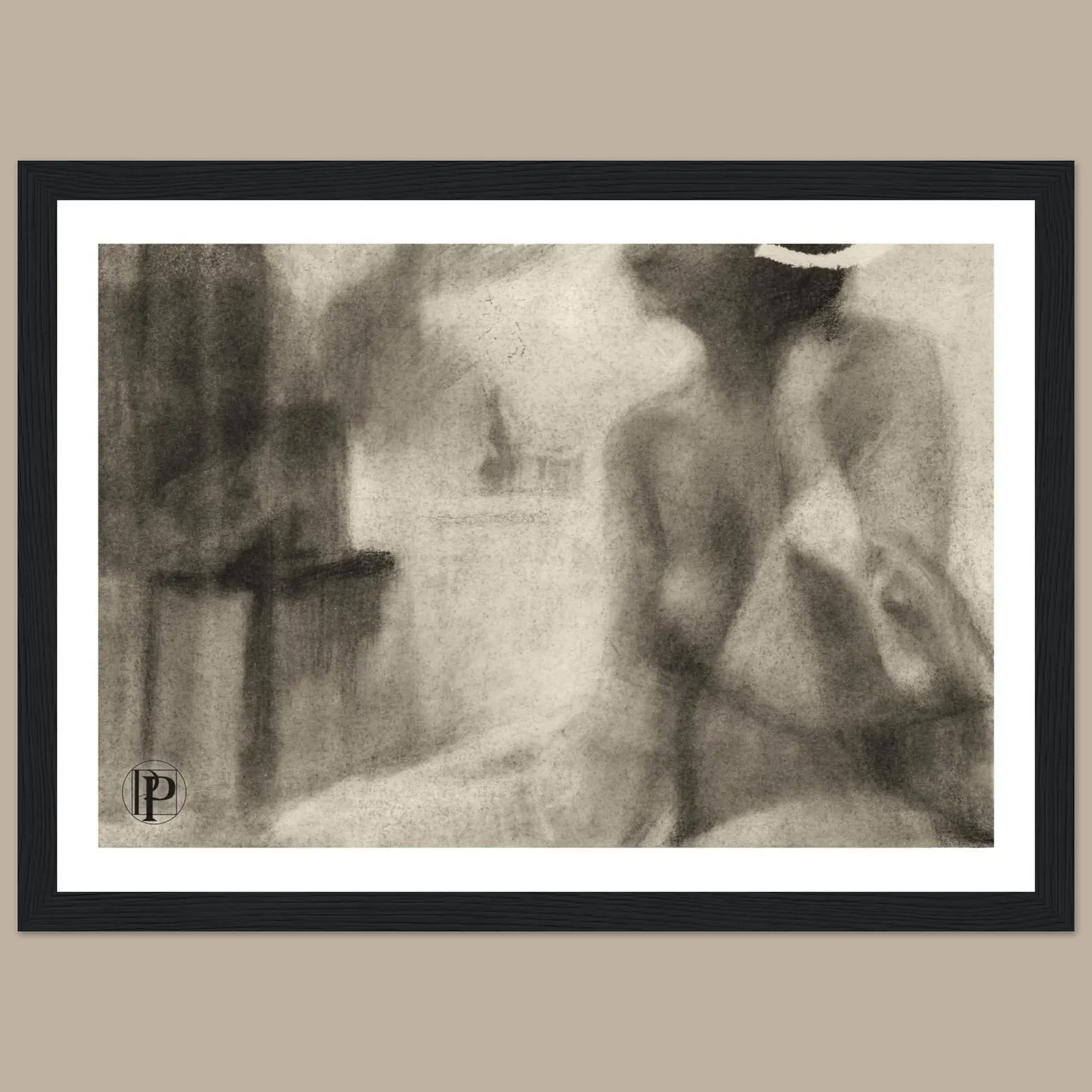 Mindfulness art print: framed charcoal drawing of a seated figure with tape across the head, The Formless Anchor