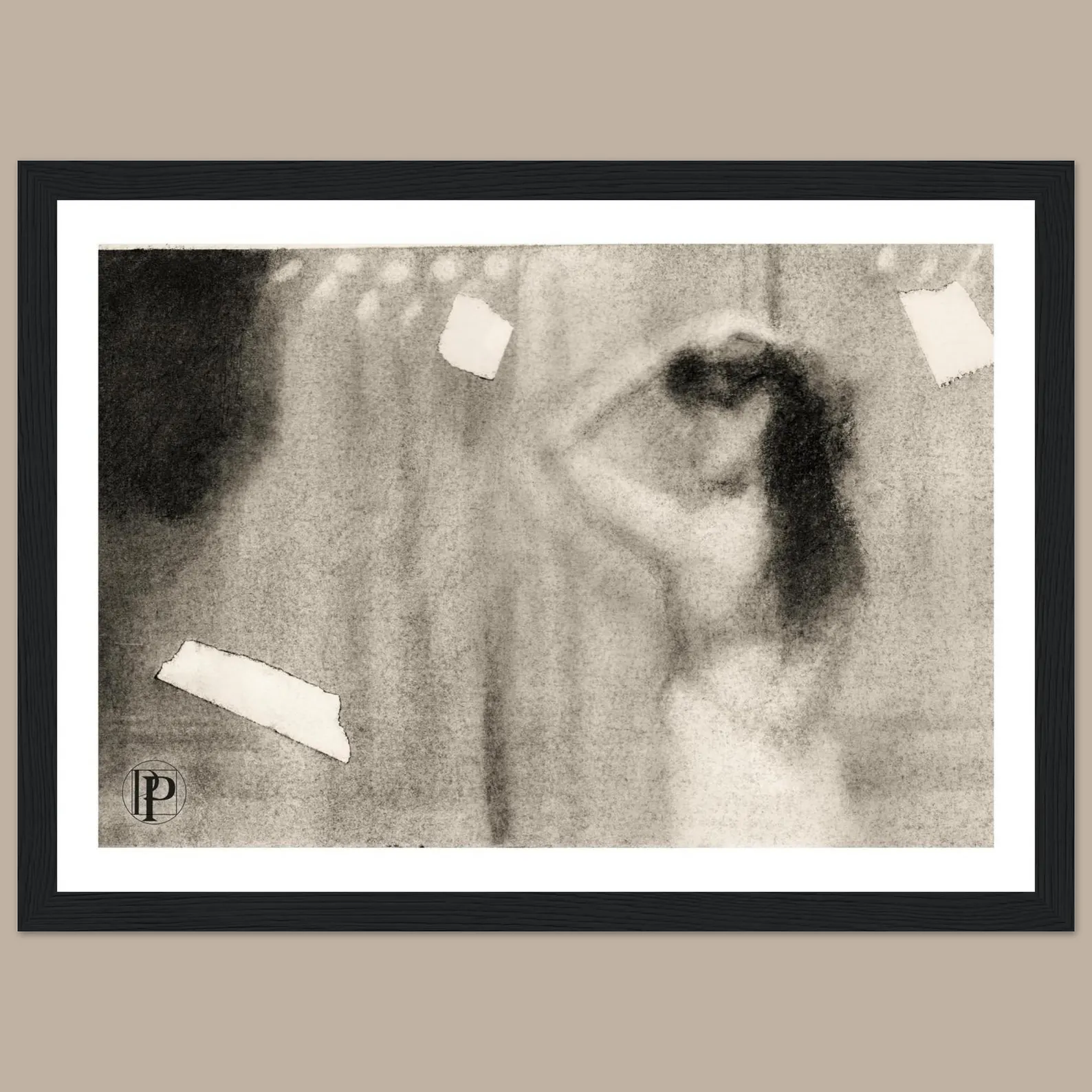 Mindfulness art print: framed soft-focus charcoal drawing of a standing figure, The Veil of Perception