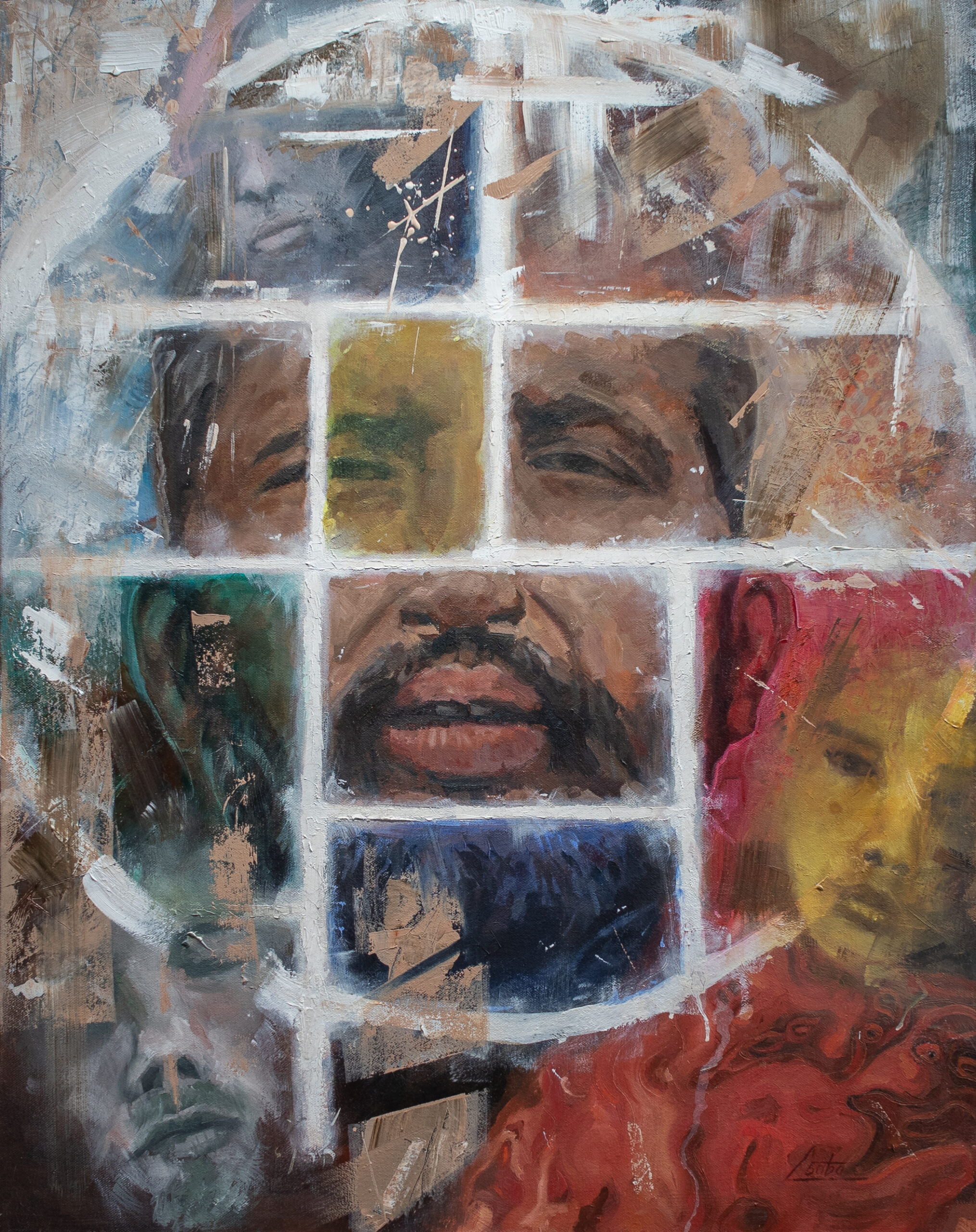 Ramakrishna Ramakrishna, oil portrait by Csaba Tibor Palotás surrounded by the faces he inspired