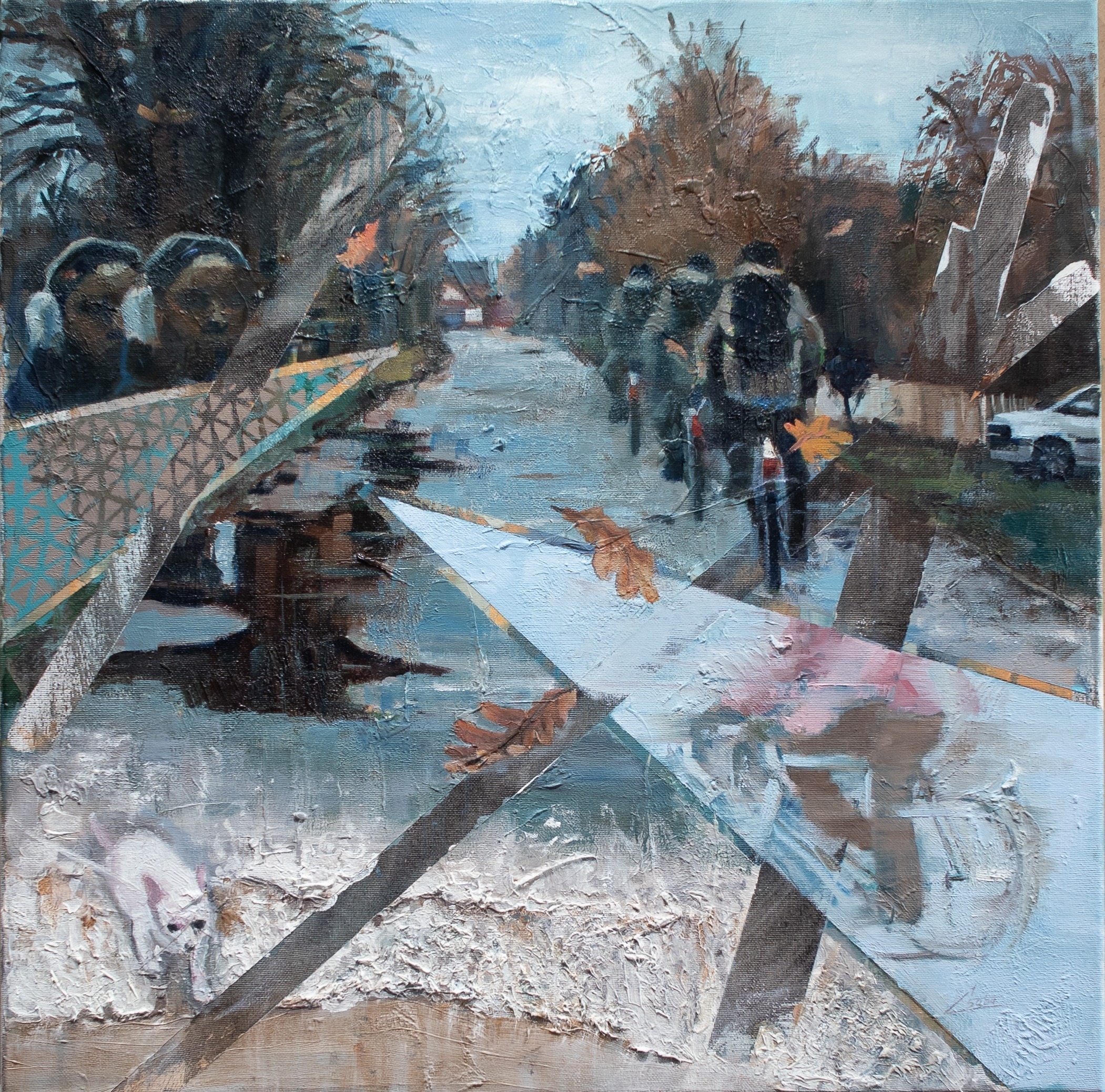 Rest in Motion Rest in Motion, oil painting by Csaba Tibor Palotás of cyclists on a rainy autumn road