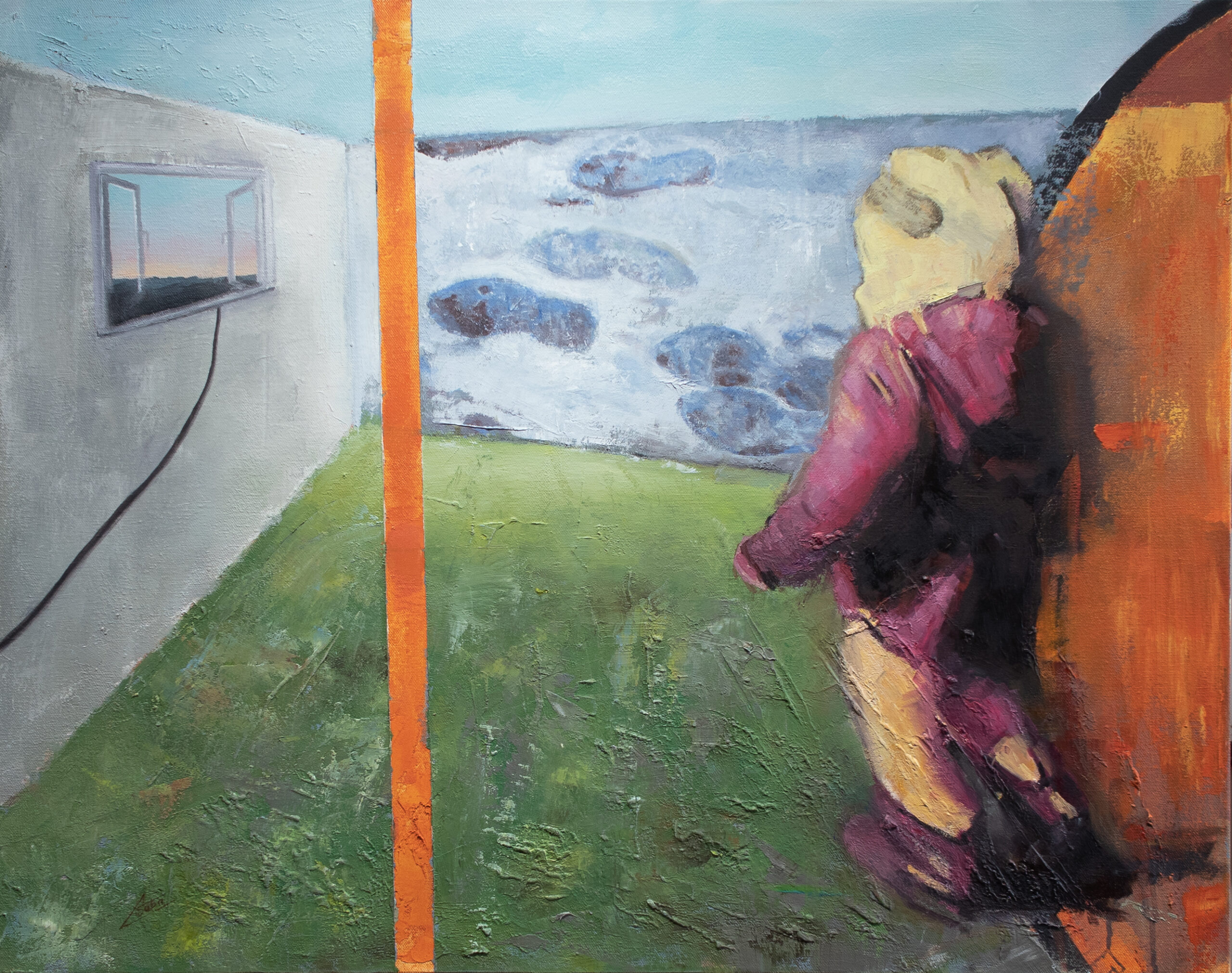 Son of the Sun Son of the Sun, oil painting by Csaba Tibor Palotás of a boy stepping out of an orange sun