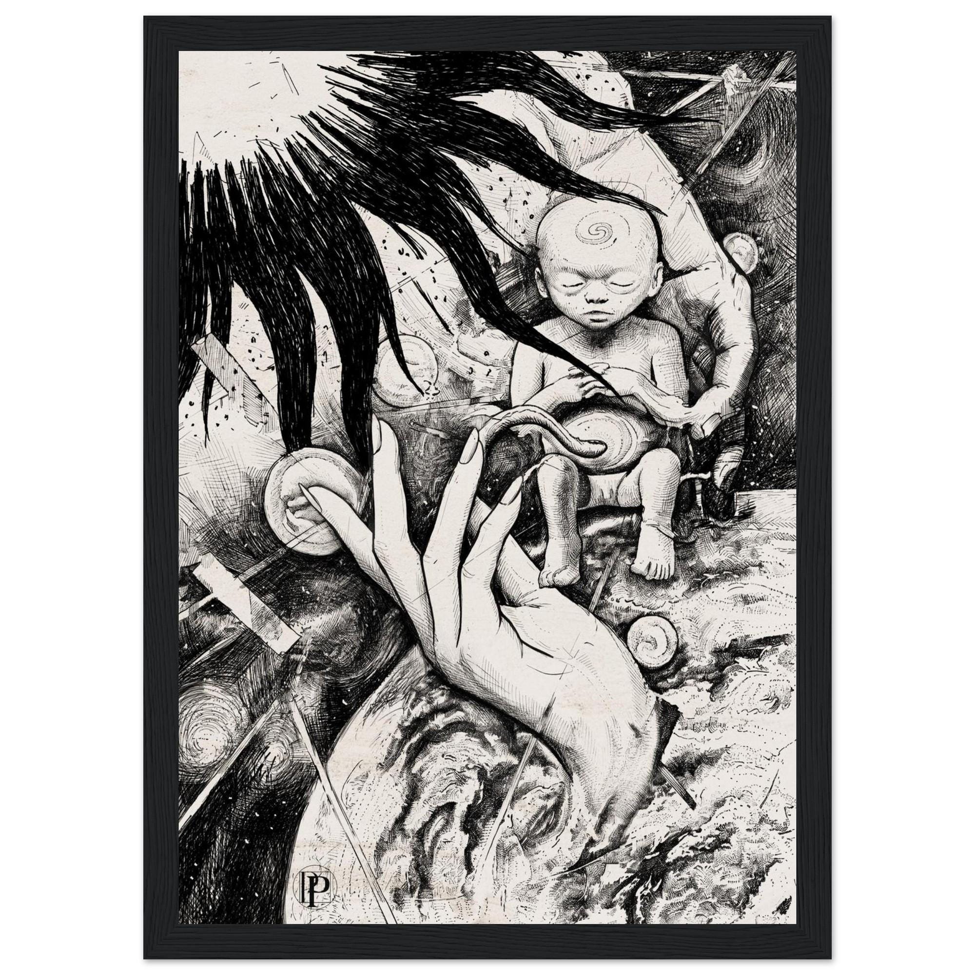 The Cosmic Child, A4 black and white ink print by Csaba Tibor Palotás of a newborn arriving in space, still tied by its cord
