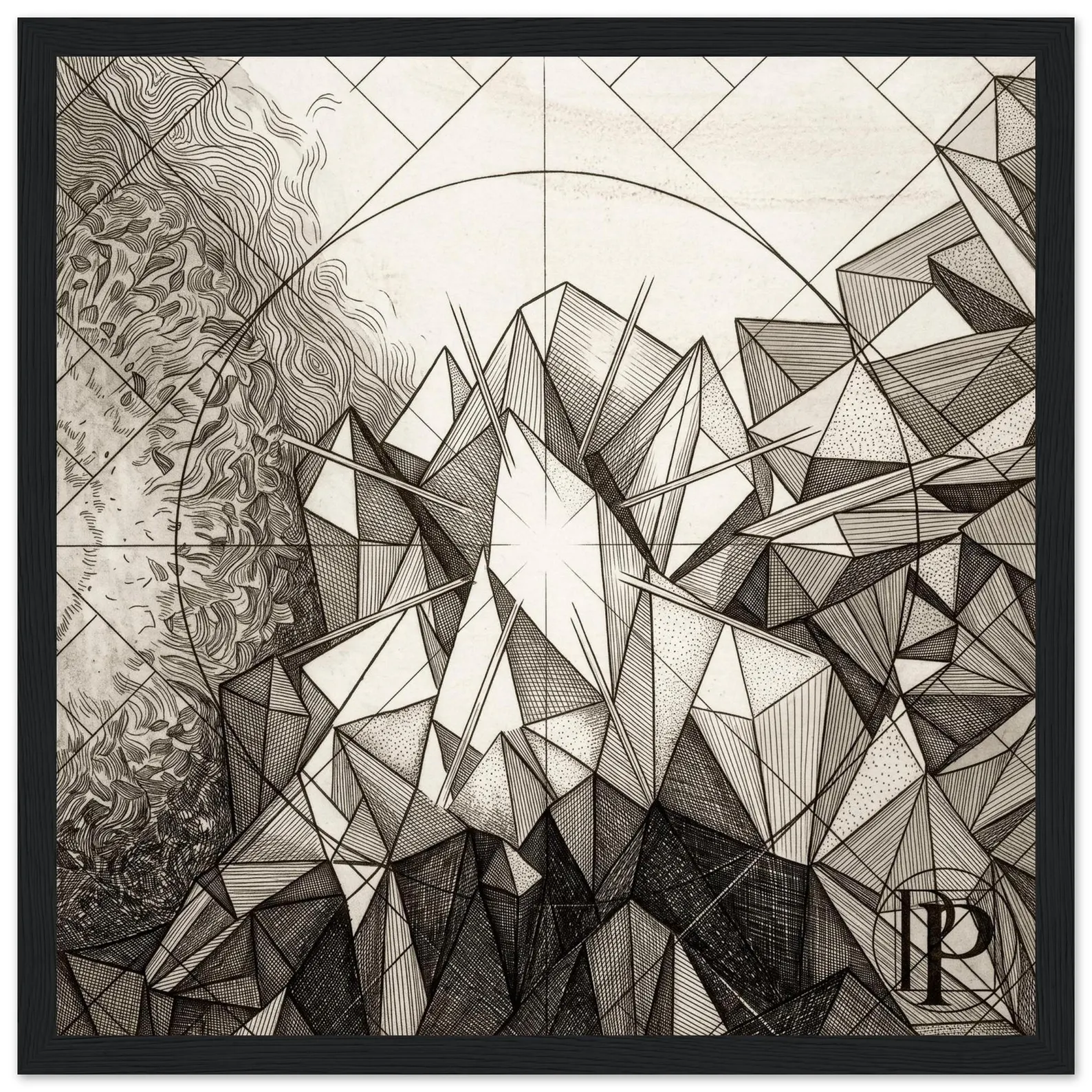 Square black and white sacred geometry crystal print, The Crystalline Paradox