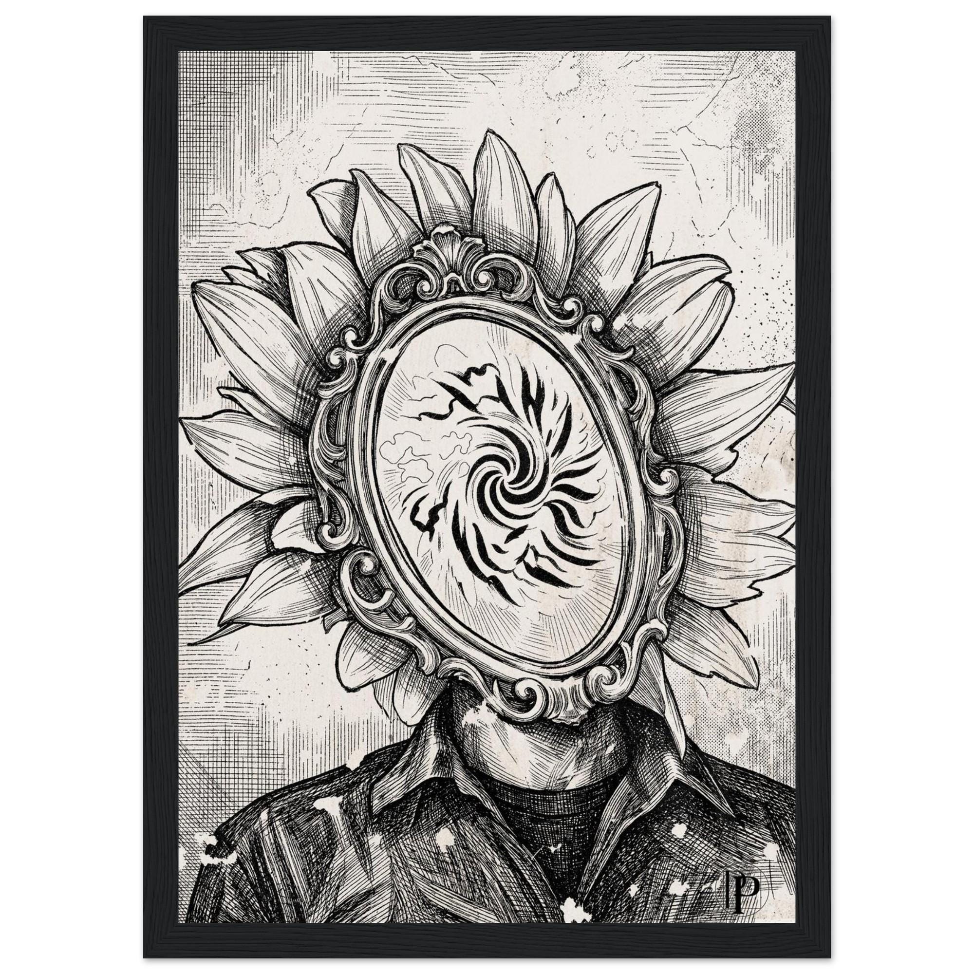 The Self as a Mirror and as a Sunflower, A4 black and white etching print by Csaba Tibor Palotás of a figure crowned with sunflower petals