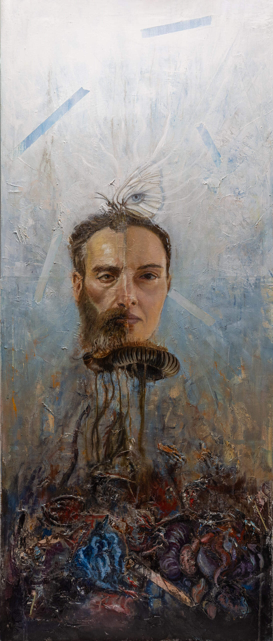 The Vertical Line The Vertical Line, oil painting by Csaba Tibor Palotás: a half-male, half-female face between a centipede and a butterfly